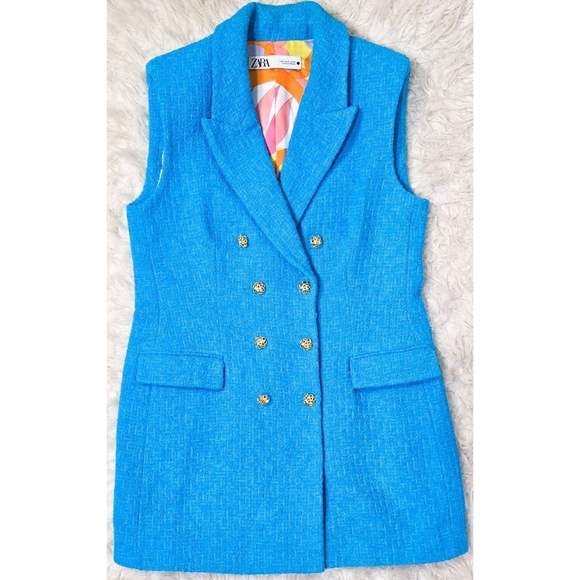 Zara Blazer Dress Sleeveless Tweed Textured Blue Gold Button Blogger Favorite - Picture 2 of 5